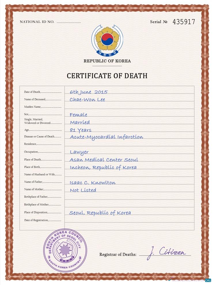 Download South Korea vital record death certificate PSD template Photoshop template